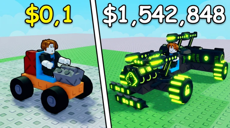 Build and Kill Zombies Roblox artwork comparing a starter car with an upgraded armed vehicle